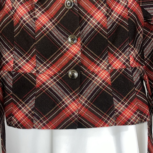 Plaid belted tweed large button peplum hem lined jacket Sz S/M Red/Brwn - Picture 6 of 14